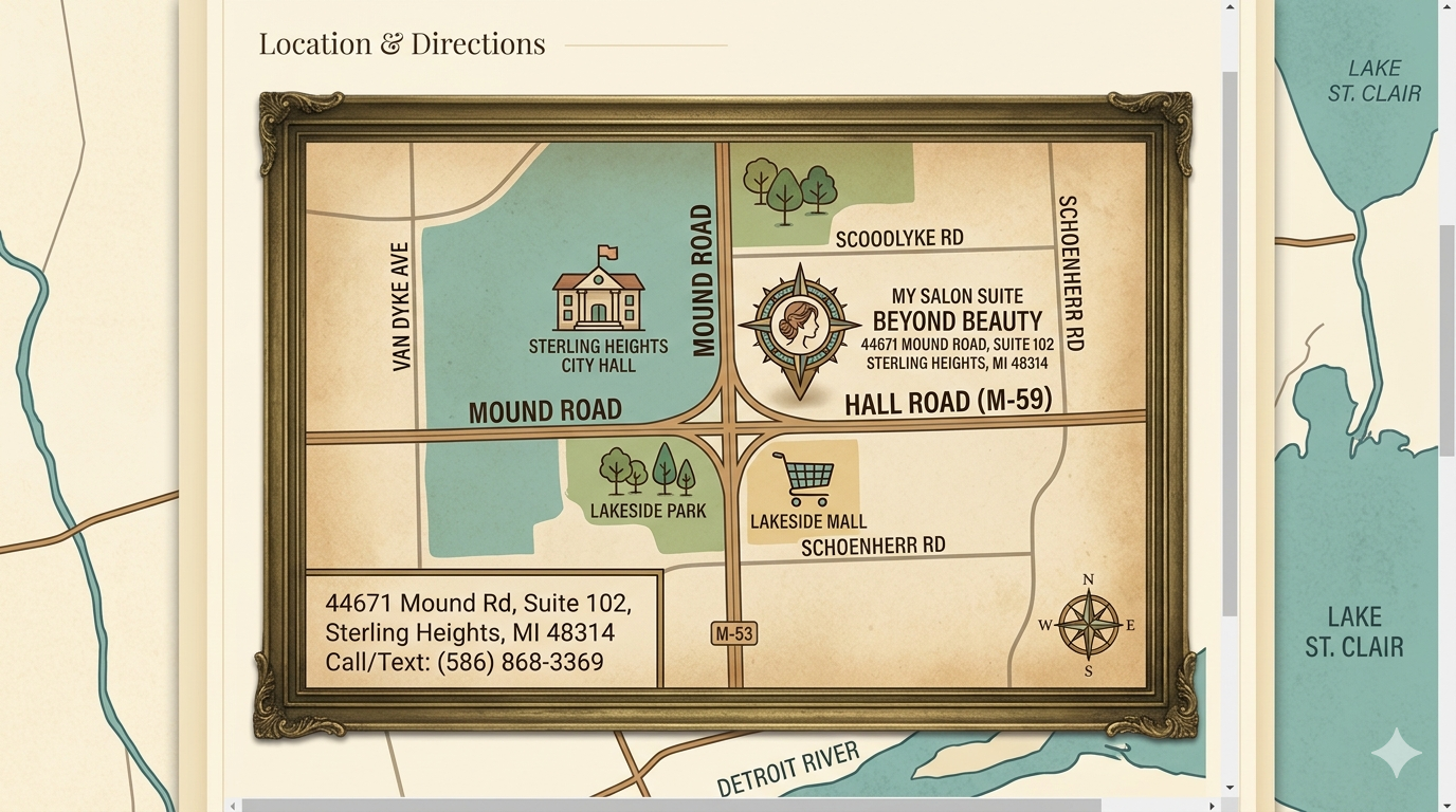 Hand-drawn vintage street map for Beyond Beauty Brazilian Waxing Salon at 44671 Mound Rd Sterling Heights MI
