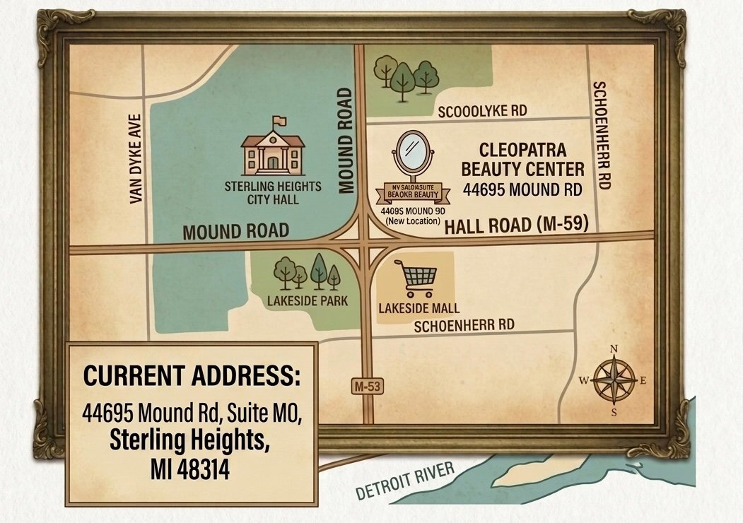 A vintage-style map showing directions to Beyond Beauty Brazilian Waxing Salon, located inside Cleopatra Beauty Center at The Forum At Gateways. The map displays the address at 44695 Mound Rd, Suite MO, Sterling Heights, Michigan.
